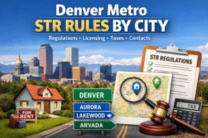 lustration of Denver skyline with short-term rental icons, regulations checklist, city road signs, and tax/license symbols.